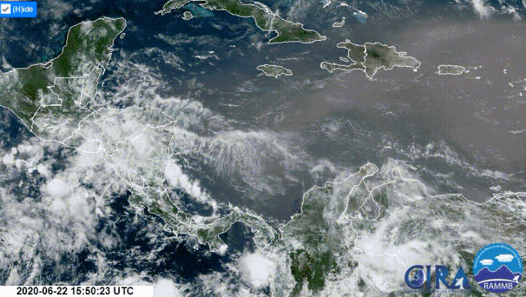 Tormenta de polvo del Sáhara ayer a las 10 horas en el Caribe (Foto Prensa Libre: ClimaYa.com / NOAA)