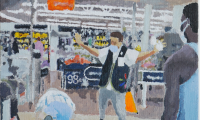 Representación artística del video viral en el que un empleado de un Walmart de Florida es empujado por un cliente sin máscara, que también se cae. (Ilustración por Tracy Ma/The New York Times)