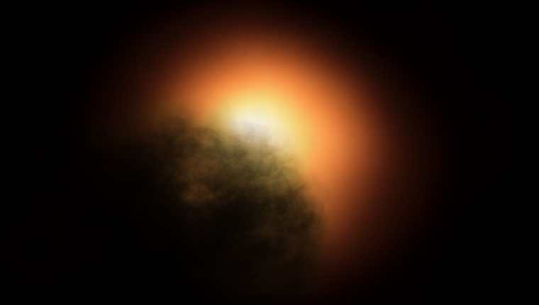 Esta ilustración artística muestra la razón del enigmático oscurecimiento de Betelegeuse. ESO, ESA/HUBBLE, M. KORNMESSER
