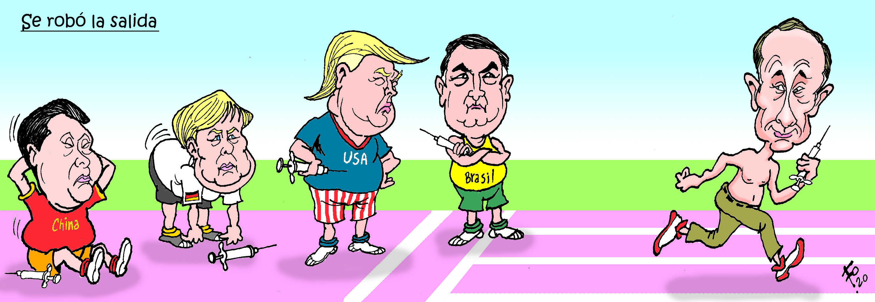 Personajes: Xi Jinping, Angela Merkel, Donald Trump, Jair Bolsonaro y Vladimir Putin.