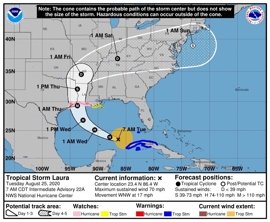 Fotografía cedida por el Centro Nacional de Huracanes (NHC) estadounidense donde se muestra el pronóstico de cinco días de la trayectoria del huracán Laura en el Golfo de México hasta su entrada a las costas estadounidenses. (Foto Prensa Libre: EFE)