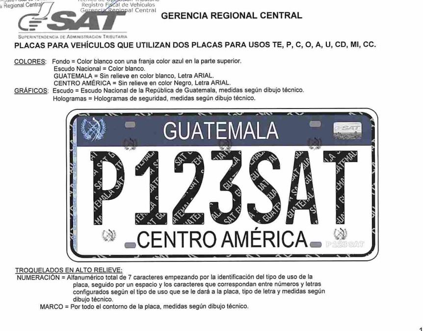 Placas solicitadas por la SAT según detalles en las bases de licitación en el portal Guatecompras. (Foto Prensa Libre: SAT)