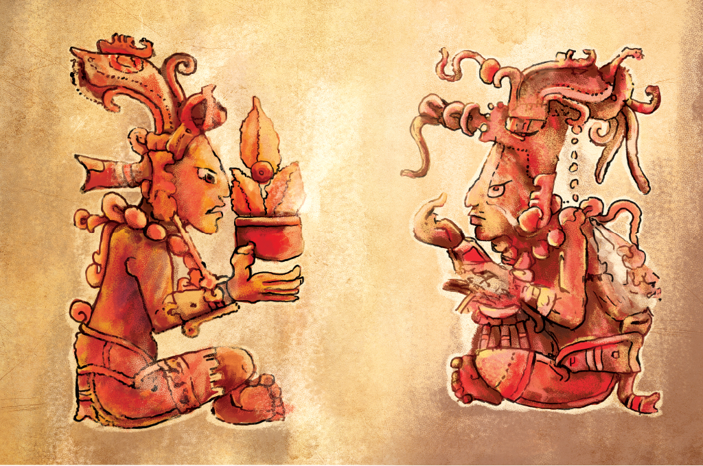 Representación del dios del Maíz y que aparece en el  Códice de Dresde, alimento sagrado que se menciona de manera constante en el Popol Wuj. (Ilustraciones Prensa Libre, Diego Sac)