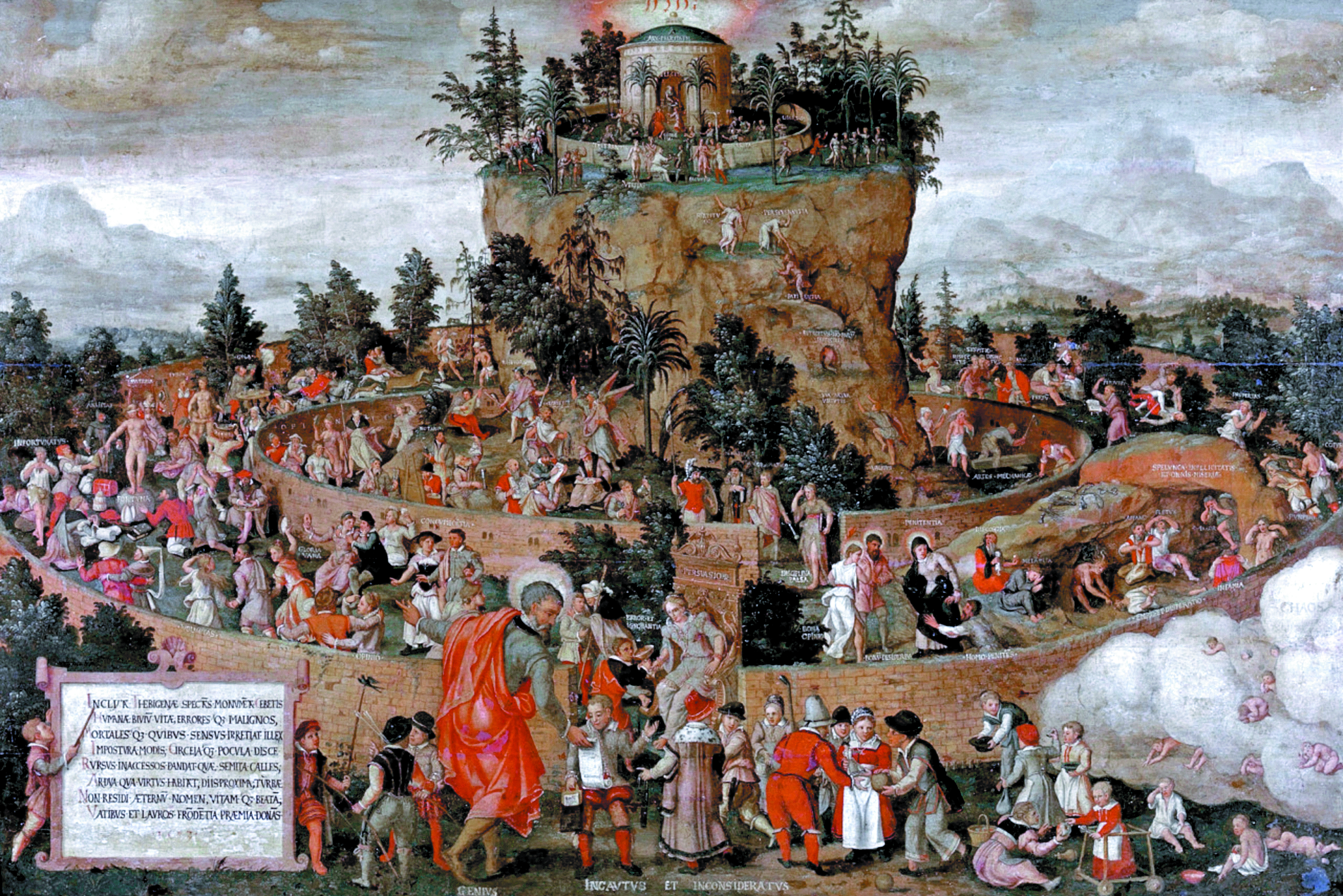 El viaje de la vida humana, ilustración anónima de 1573 sobre Ña Tabula Cebetis, un manual de origen griego sobre la existencia humana y sus caminos. (Foto Prensa Libre: Servicios).