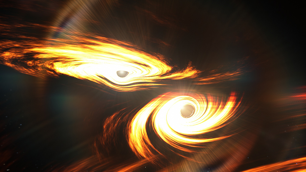 Ilustración de los dos agujeros negros poco antes de que se unieran.