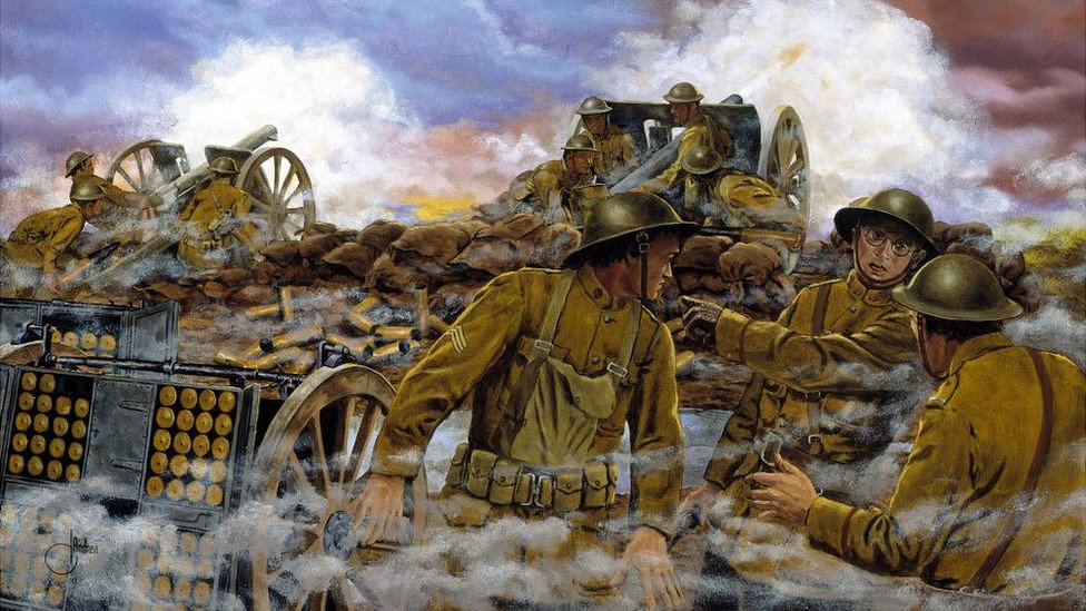 El futuro presidente de EE.UU., Harry Truman, fue capitán de la artillería en Francia en la Primera Guerra Mundial. En este cuadro titulado 'Truman's Battery' de Dominic D'Andrea, 1918, aparece dando instrucciones a las tropas. (Foto Prensa Libre: Getty Images)