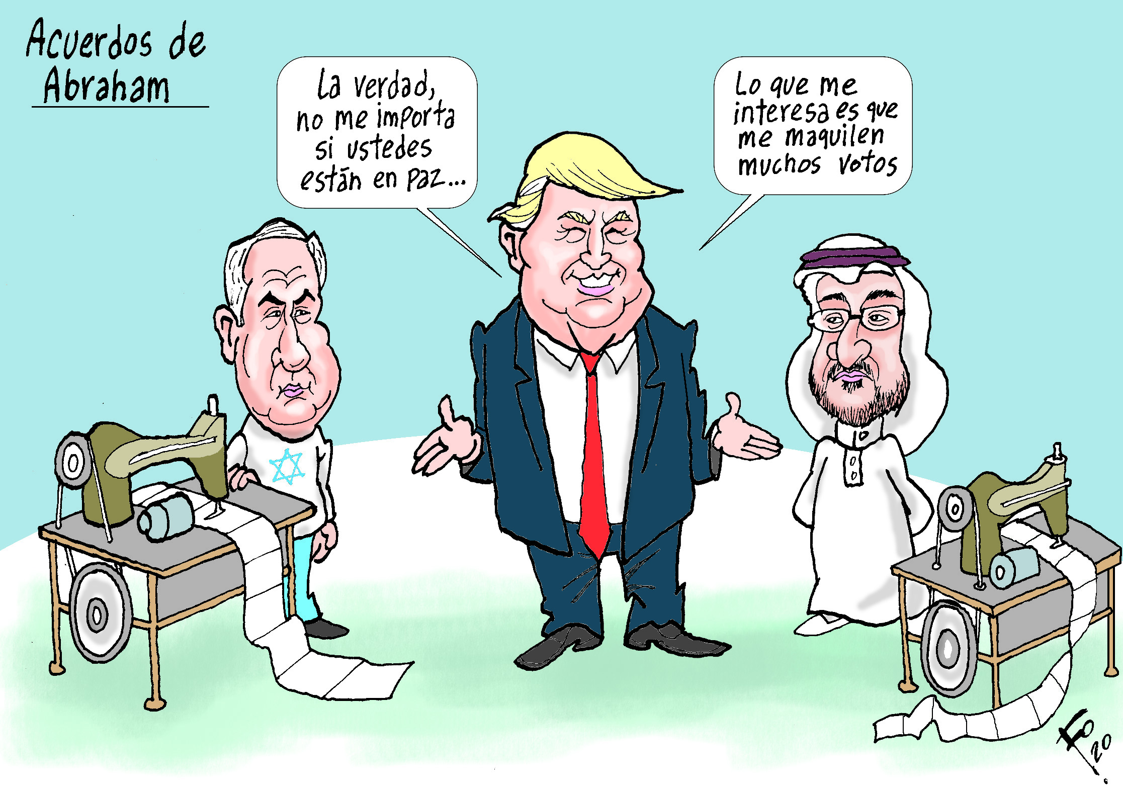 Personajes: Benjamin Netanyahu, Donald Trump y Abdullah Bin Zayed.