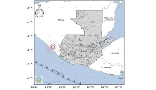 Ubicación del epicentro en México sensible en Guatemala. (Fuente: Insivumeh)