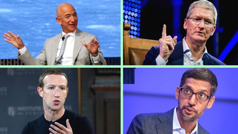 Jeff Bezos, de Amazon; Tim Cook, de Apple; Mark Zuckerberg, de Facebook y Sundar Pichai, de Google, comparecieron en el Congreso para defender sus empresas. GETTY IMAGES/EPA/REUTERS