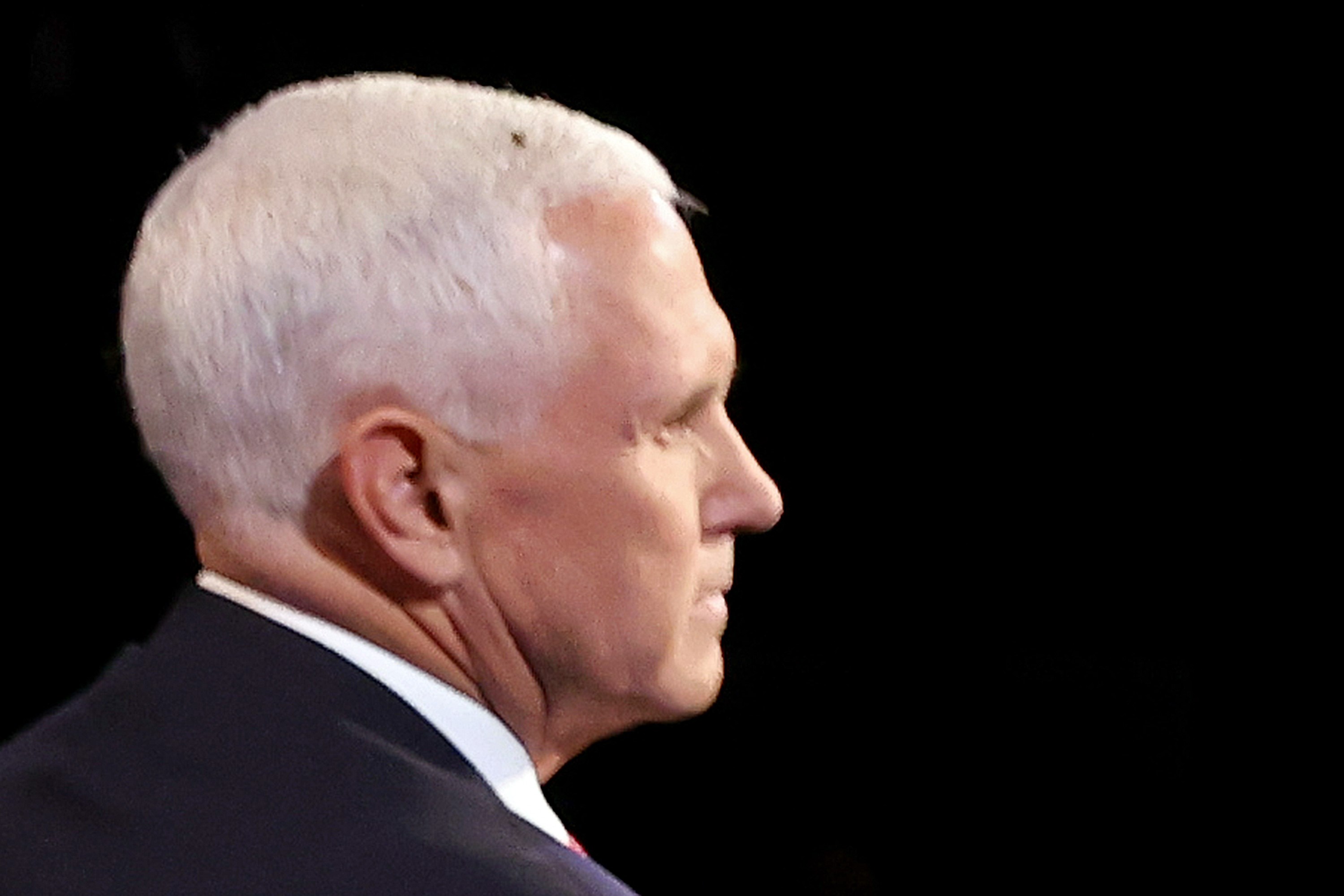 Una mosca posa sobre la cabeza de Mike Pence, vicepresidente de Estados Unidos, durante el debate con Kamala Harris, candidata demócrata. (Foto Prensa Libre: AFP)
