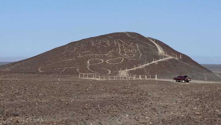 Fotografía cedida por el Ministerio de Cultura de Perú, de la figura de un gato de unos 37 metros de largo reposando sobre una colina arenosa en la Pampa de Nazca. (Foto Prensa Libre: EFE)