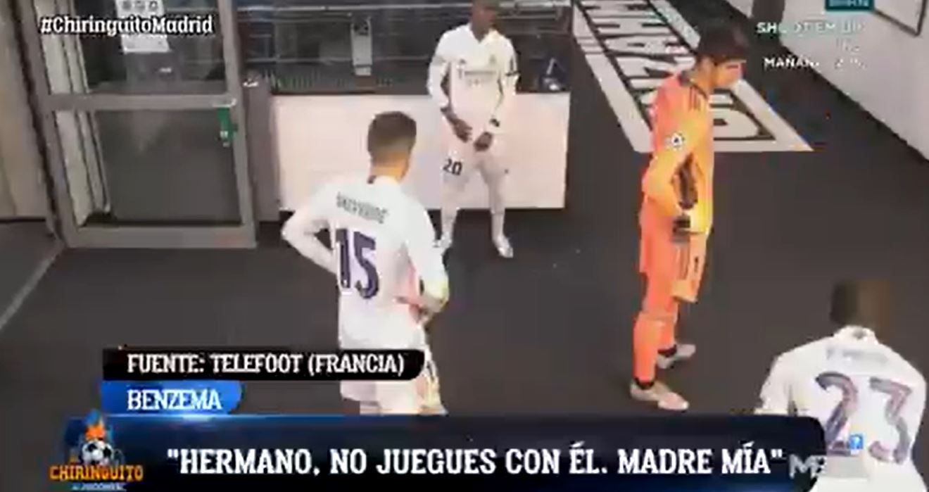 Captura del video que captó a Benzema hablando con Mendy. (Foto Prensa Libre: Twitter)