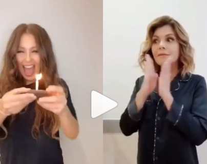 Thalía e Itatí Cantoral hacen un icónico reencuentro y recrean video viral de la niña del pastel