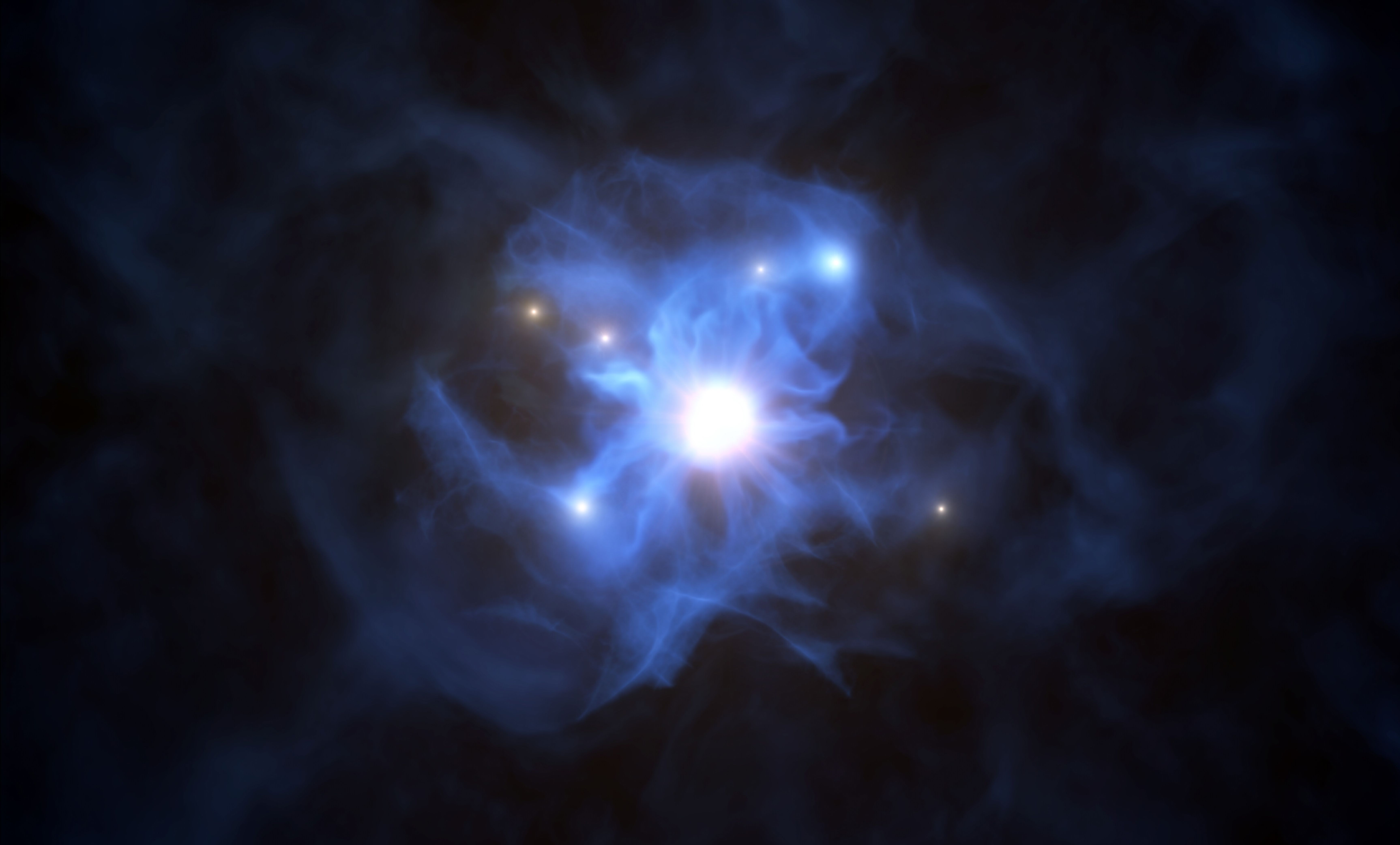 El Observatorio Europeo Austral muestra la impresión artística del agujero negro central y las galaxias atrapadas en su red de gas. (Foto Prensa Libre: AFP)