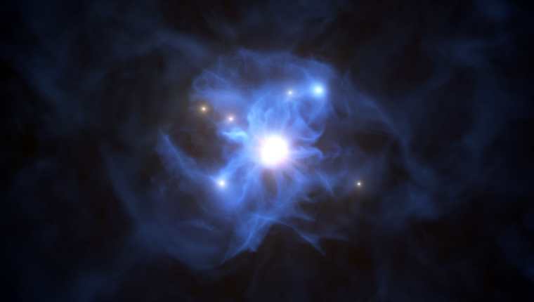 El Observatorio Europeo Austral muestra la impresión artística del agujero negro central y las galaxias atrapadas en su red de gas. (Foto Prensa Libre: AFP)