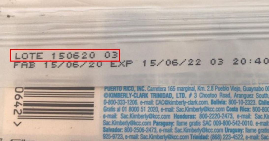 Este es uno de los detalles donde los consumidores pueden verificar si su producto está afectado. (Foto Prensa Libre: Tomada de información de Kimberly-Clark)