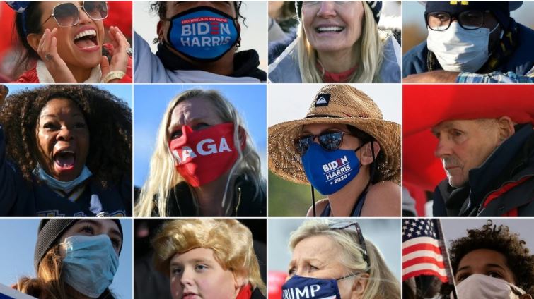 Esta combinación de imágenes creadas el 1 de noviembre de 2020 muestra a los partidarios del presidente de EE.UU., Donald Trump, y del candidato presidencial demócrata Joe Biden, durante varios mítines de campaña en estados clave a fines de octubre. (Foto Prensa Libre: AFP)