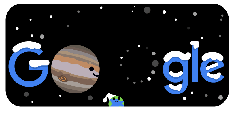 Mientras el hemisferio norte de la Tierra se prepara para el invierno y su noche más larga del año, ¡parece que Júpiter y Saturno han decidido montar un espectáculo bastante inusual para que el mundo lo vea!, así se describe este Doogle dedicado a este evento especial.  (Foto Prensa Libre: Google). 
