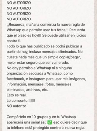 Imagen de un bulo que pretende alertar de la intromisión de Whastapp en archivos multimedia.