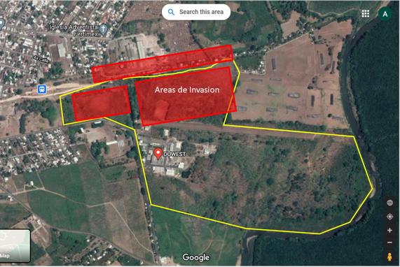 El Grupo Duwest dio a conocer el área industrial en Ayutla, San Marcos, y en rojo el área invadida, según la denuncia. (Foto, Prensa Libre: Duwest). 