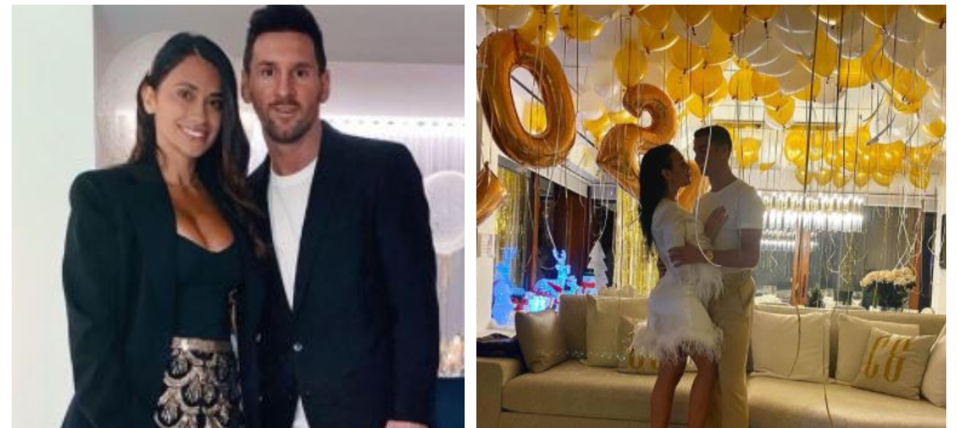 Lionel Messi junto a Antonela y Cristiano Ronaldo junto a Georgina Rodríguez, en la fiesta de Año Nuevo. (Foto Prensa Libre: @antonelaroccuzzo y @georginagio)