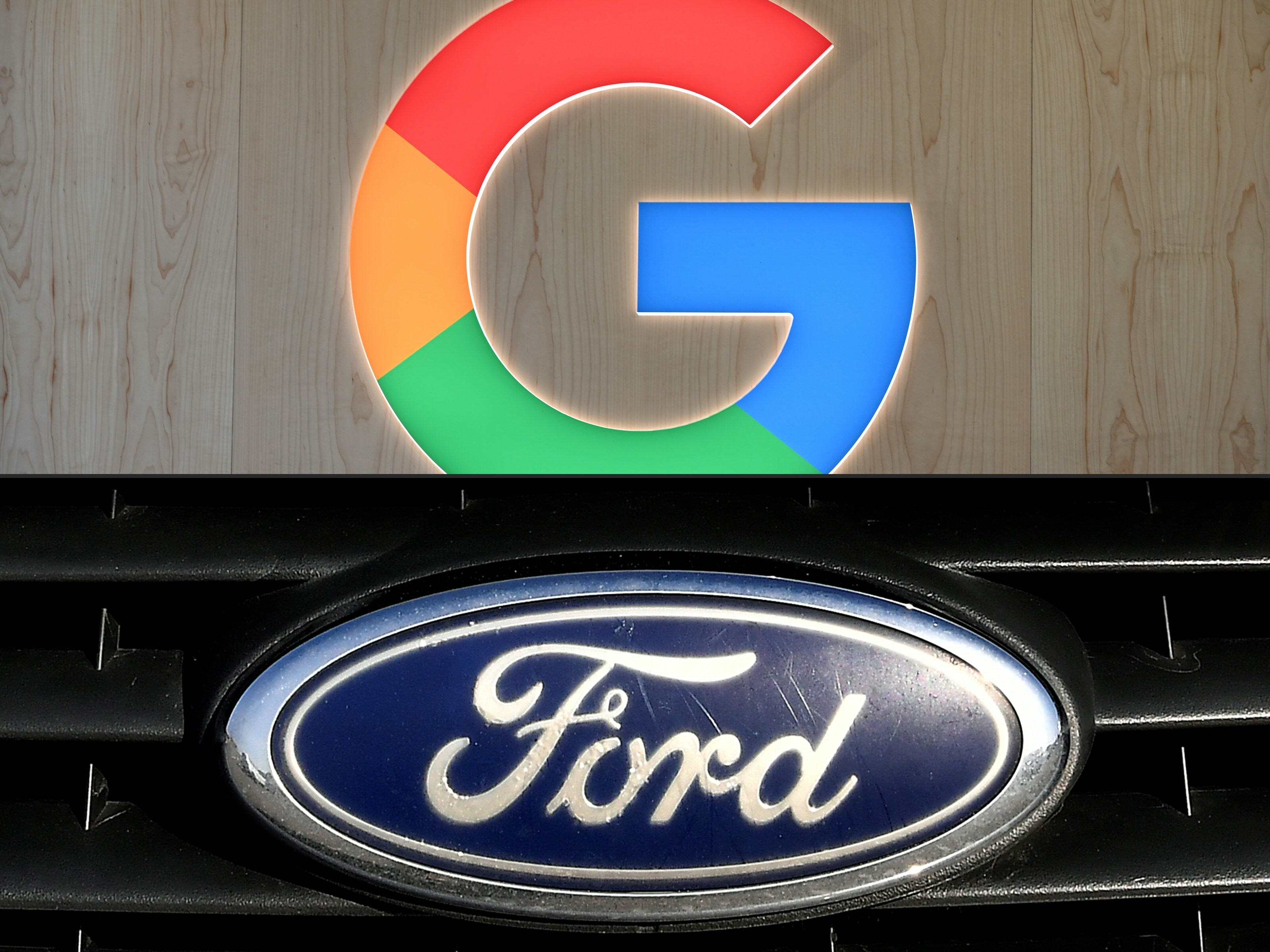 (COMBO) This combination of pictures created on February 01, 2021 shows the Google logo on January 8, 2020 in Las Vegas, Nevada and the logo of US auto-maker Ford on a car, February 18, 2019, in Blanquefort, southwestern France. - Ford and Google on February 1, 2021 announced an alliance to put the internet giant's cloud computing to work powering in-car services and factory-floor efficiencies.
The six-year partnership includes establishing a new group called Team Upshift devoted to interweaving online computing with on-road vehicles in new ways, such as ownership deals based on data, according to the companies. (Photos by Robyn Beck and GEORGES GOBET / AFP)