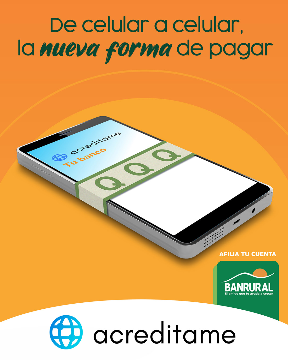 Para usar acreditame tiene que ser cuentahabiente de Banrural, descargar la aplicación móvil acreditame en su Smartphone. Foto Prensa Libre: Cortesía