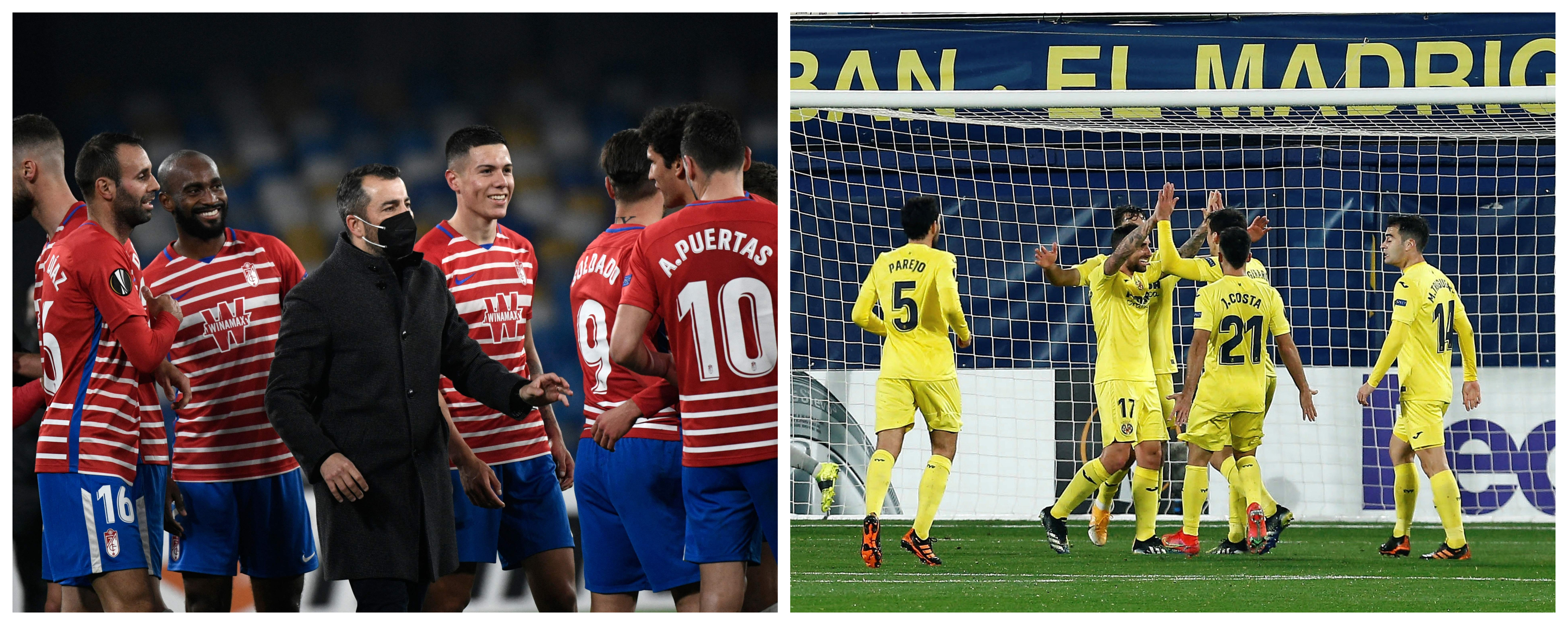 Los jugadores del Granada (d) y el Villarreal (i) celebran el pase a la siguiente fase de la Europa League. Foto Prensa Libre: AFP y EFE