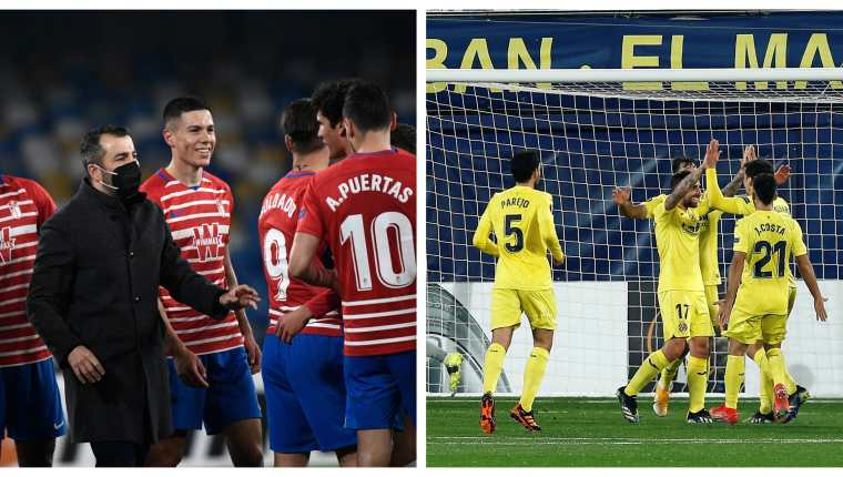 Los jugadores del Granada (d) y el Villarreal (i) celebran el pase a la siguiente fase de la Europa League. Foto Prensa Libre: AFP y EFE