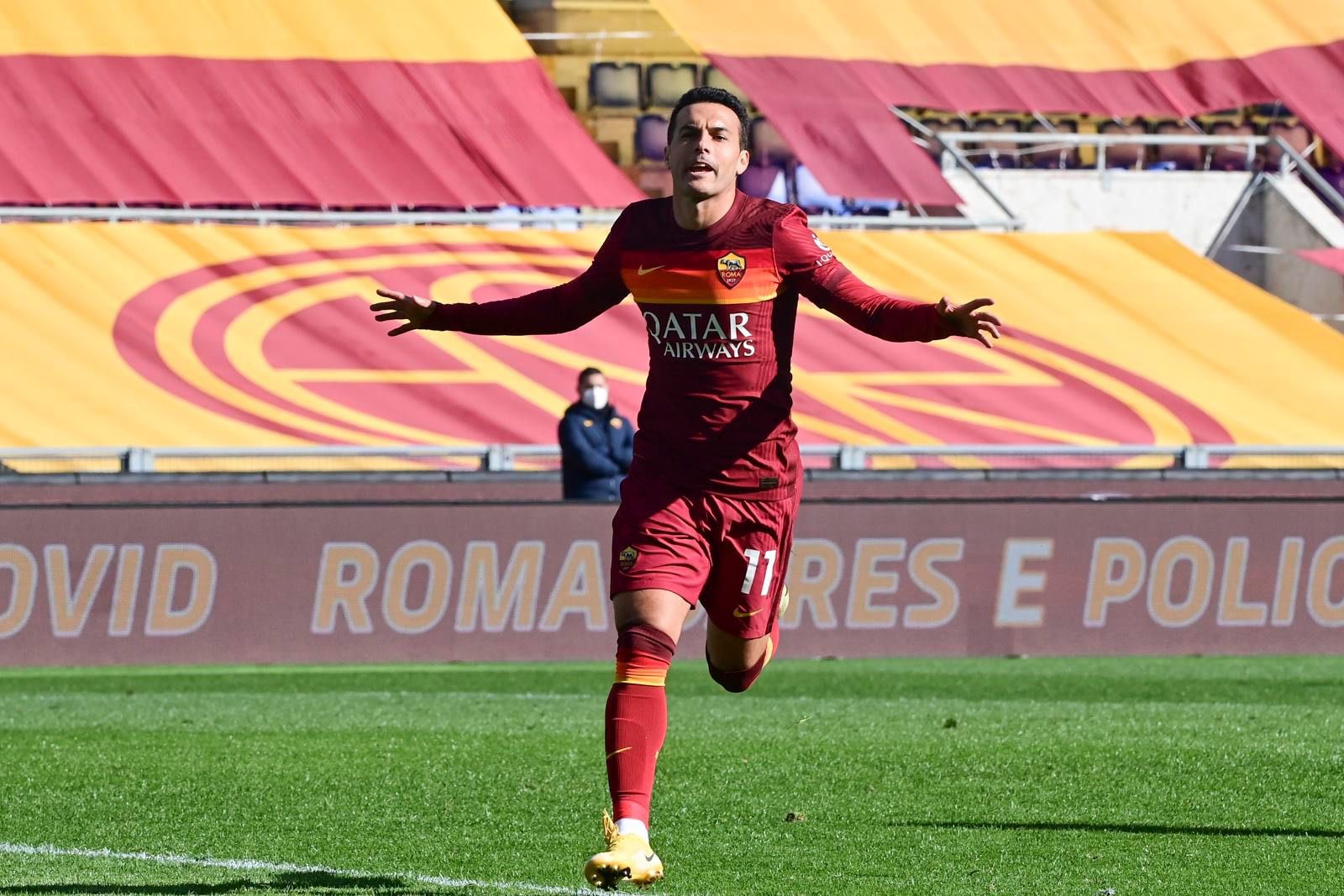 Pedro Rodríguez festeja   uno de los goles en la victoria de la Roma contra el Udinese. Foto AS Roma.