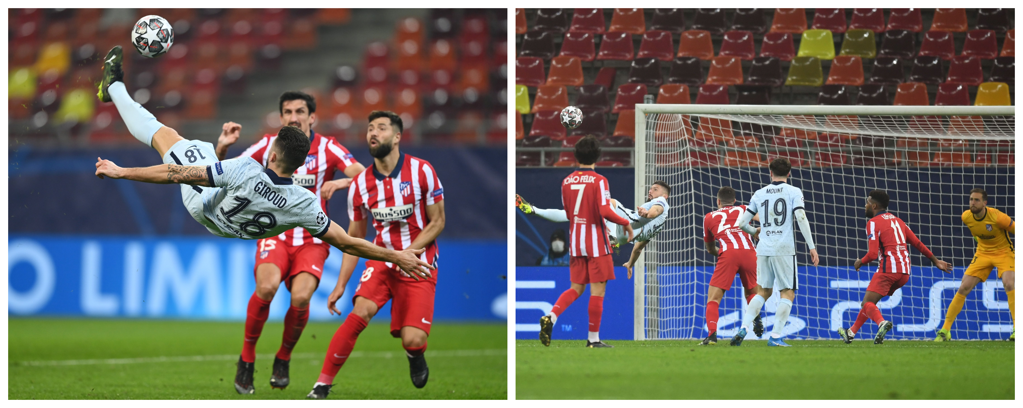 De chilena. Así marcó Olivier Giroud el único gol del partido. Foto Prensa Libre: @ChelseaFC_Sp