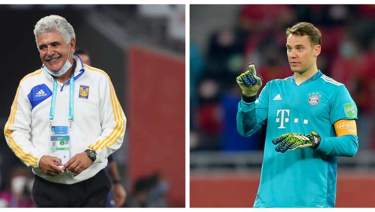 Ricardo Ferreti, técnico de Tigres FC; y Manuel Neuer, portero del Bayern de Múnich. Foto Prensa Libre: AFP