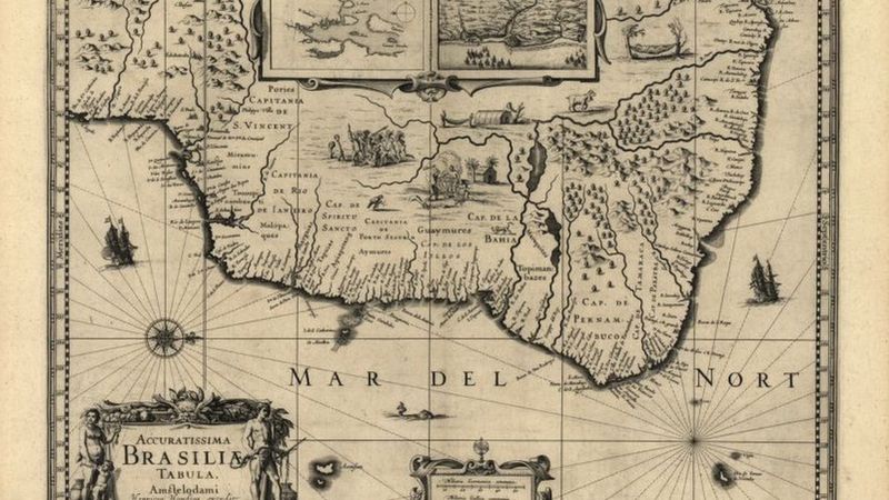 Mapa de Brasil que muestra los buques insignia en 1630. (BIBLIOTECA DEL CONGRESO DE EE.UU.)