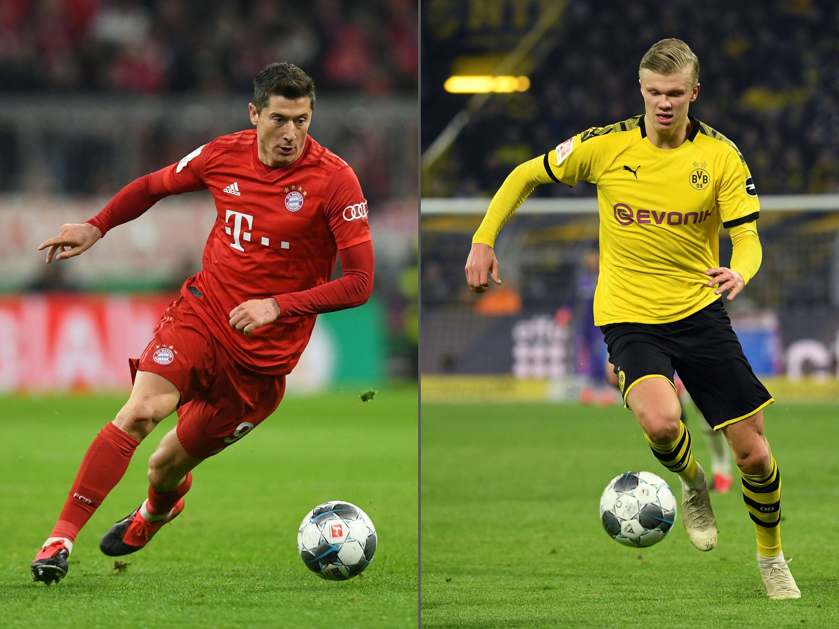 Robert Lewandowski del Bayern de Múnich y Erling Haaland del Borussia Dortmund se enfrentarán en el clásico de Alemania. Foto Prensa Libre: AFP.