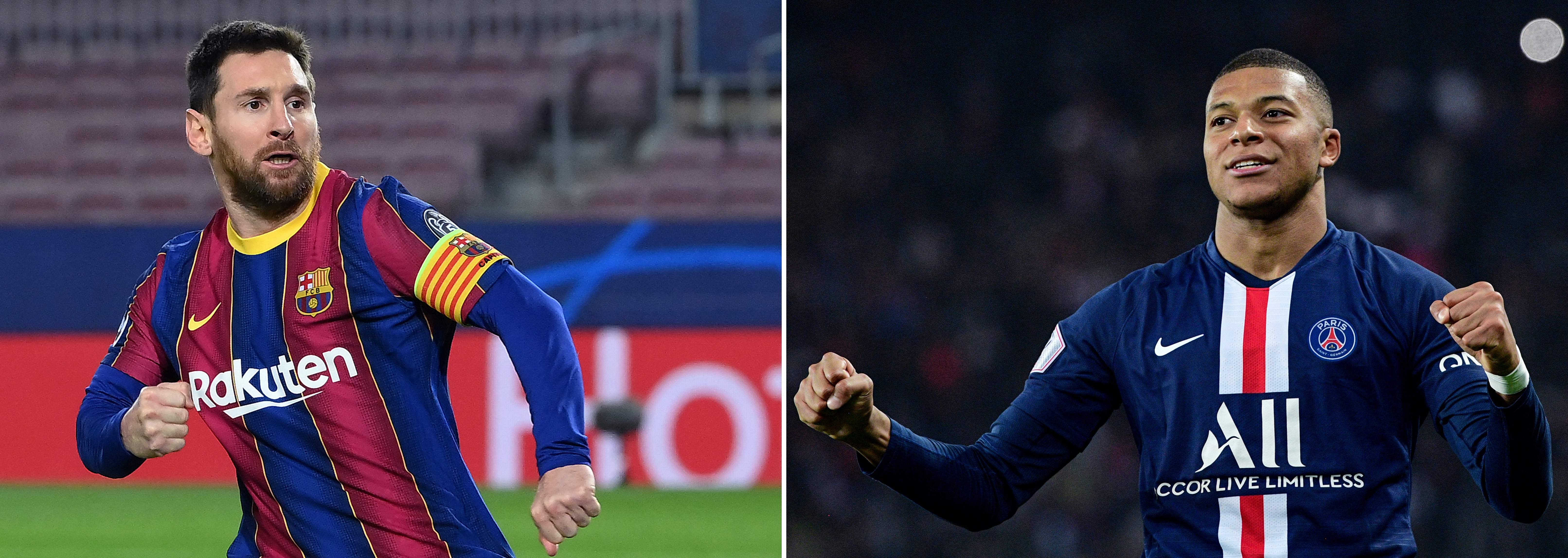 ¿Lionel Messi o Kylian Mbappe?  El primer duelo lo ganó el joven francés con un triplete. Ahora es el turno de Messi de buscar una remontada casi imposible. Foto Prensa Libre: AFP.