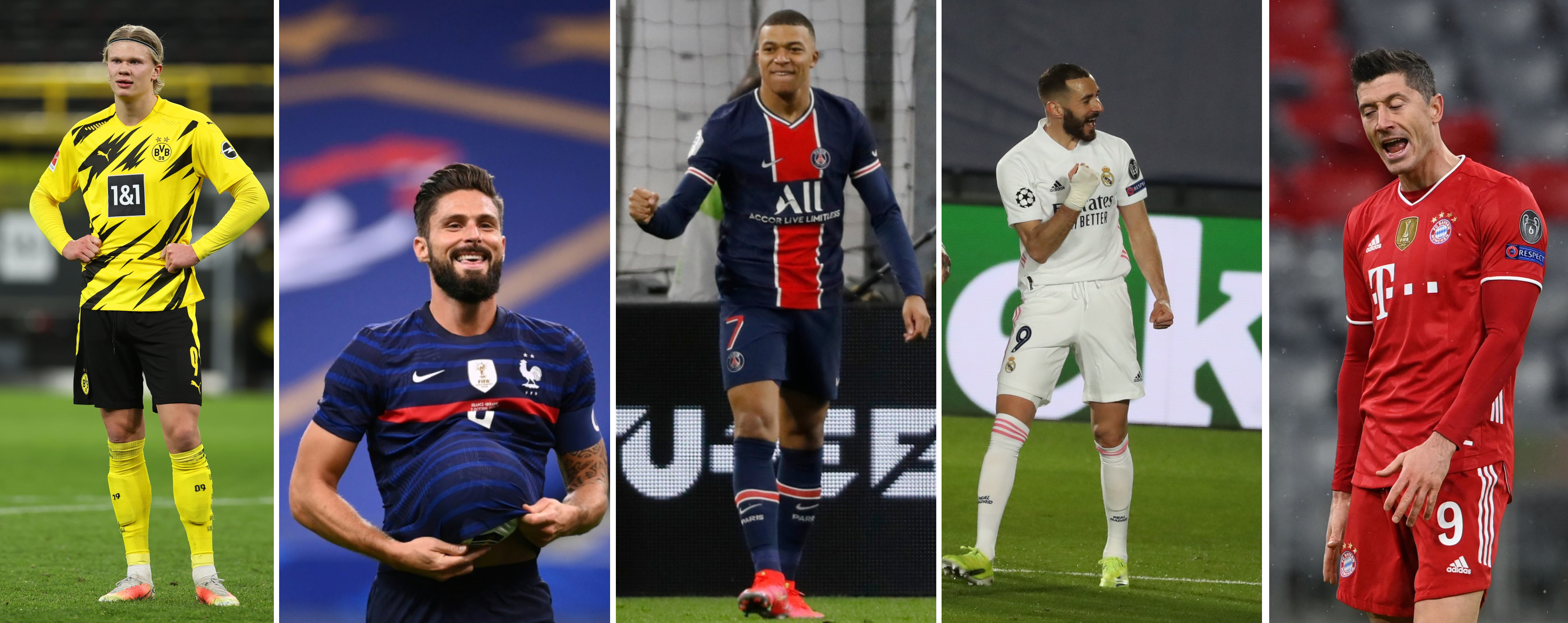Erling Haaland, Olivier Giroud, Kylian Mbappé, Karim Benzemá y Robert Lewandoski son los máximos artilleros de la Champions League actual. Foto Prensa Libre: Agencias.