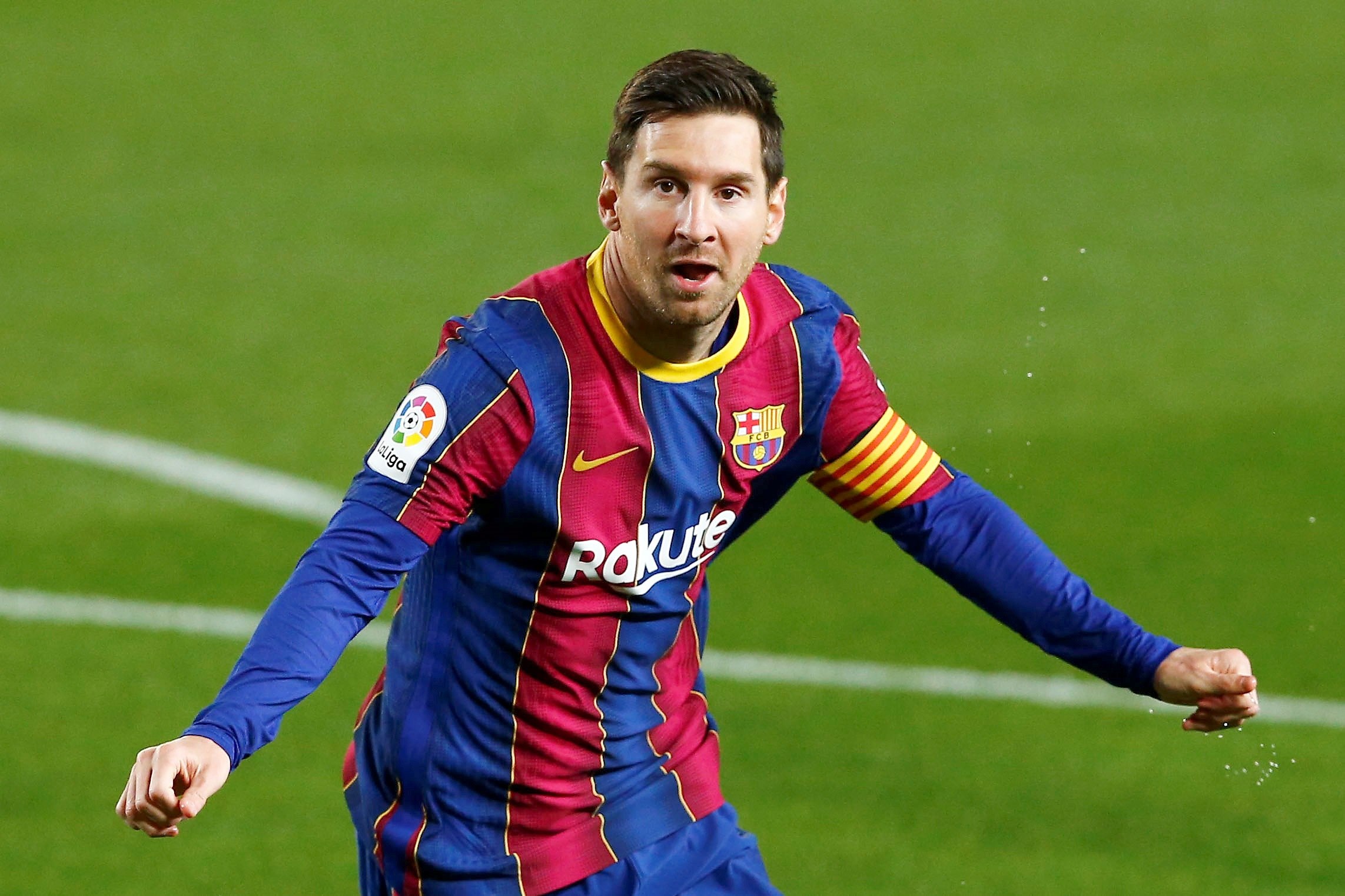 El delantero del FC Barcelona Leo Messi celebra tras marcar ante el Getafe este 22 de abril. Foto Prensa Libre: EFE