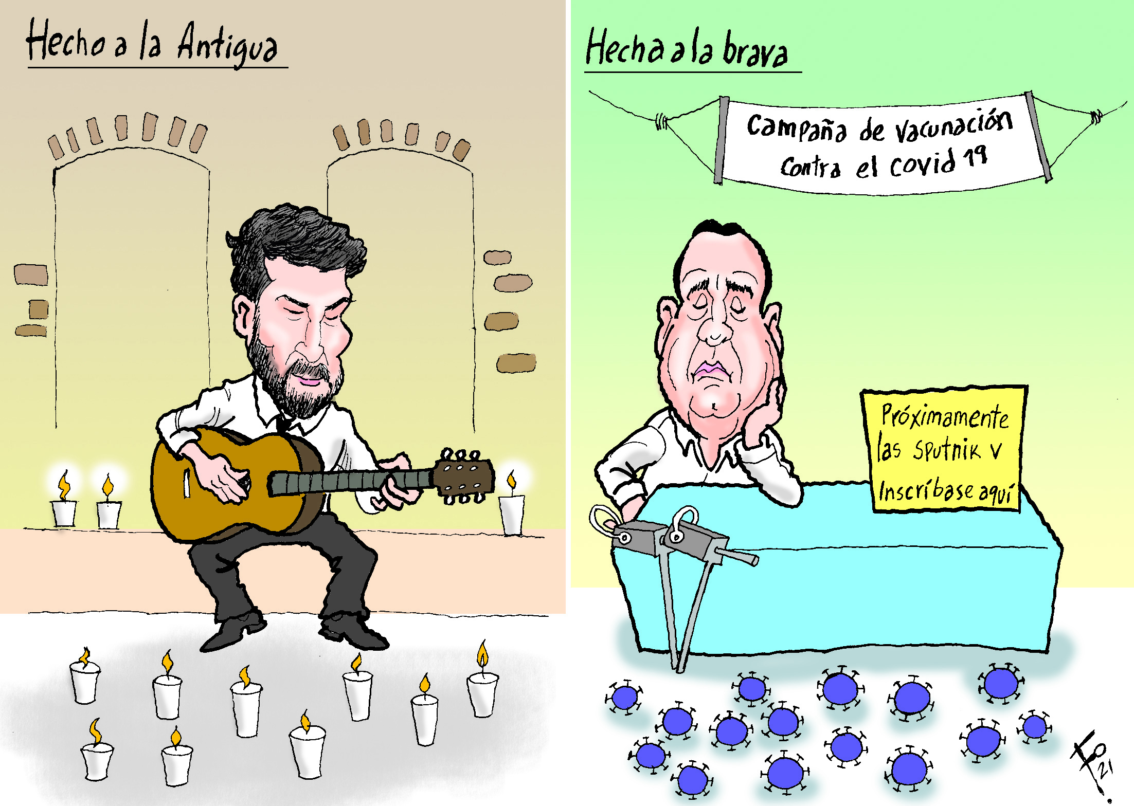 Personajes: Ricardo Arjona y Alejandro Giammattei.