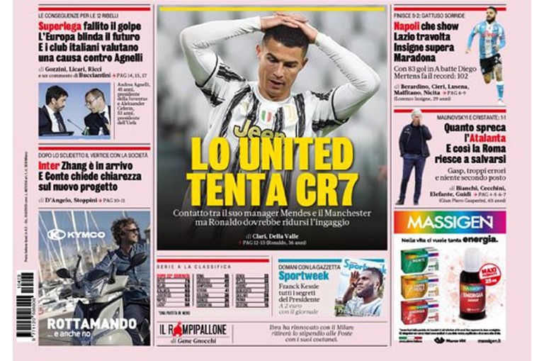Esta es la portada del diario deportivo italiano, la Gazzetta dello Sport, que  asegura que Cristiano Ronaldo abrió la vía del Manchester United ante la negativa del Real Madrid. Foto Prensa Libre: Gazzetta dello Sport 