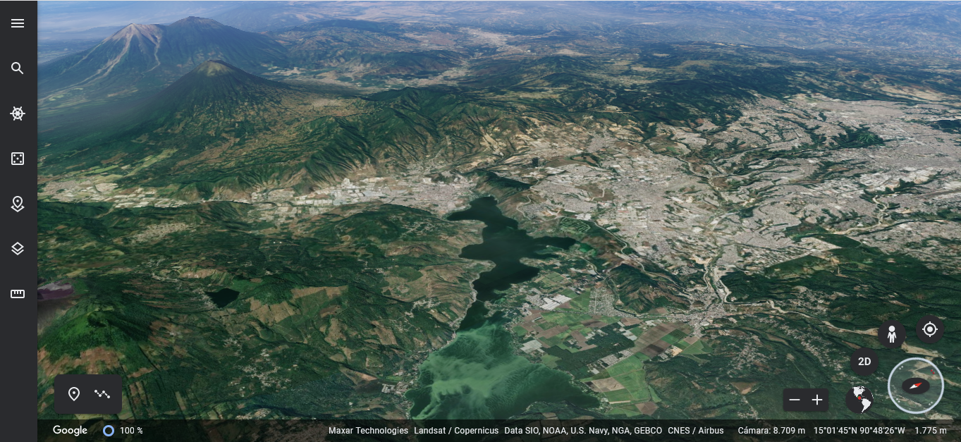 Imagen en tercera dimensión del lago de Amatitlán y la ciudad de Guatemala, desde Google Earth. (Foto Prensa Libre: Google Earth)