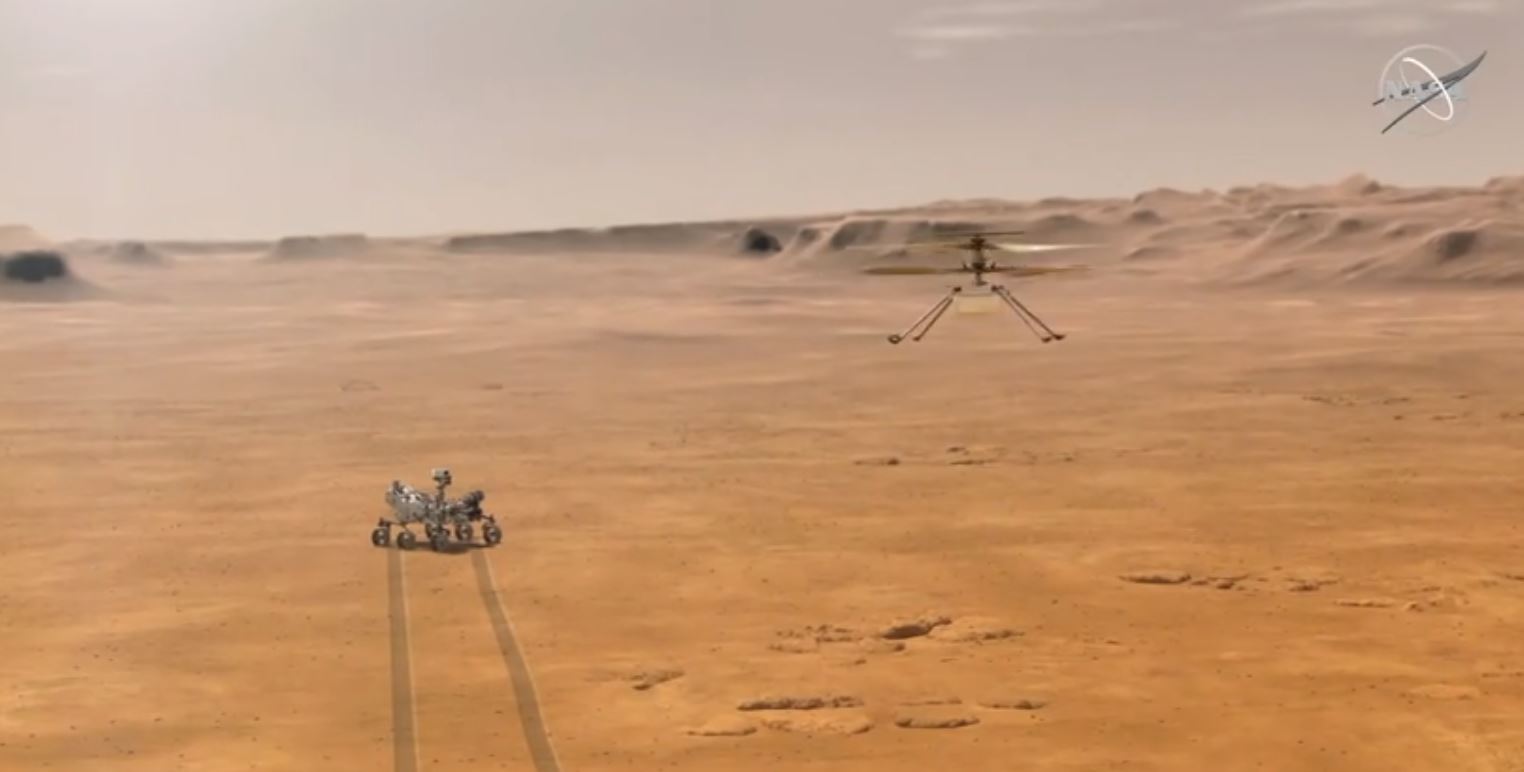 La NASA hizo volar el lunes con éxito el helicóptero Ingenuity en el cielo de Marte, según datos enviados por el aparato desde el planeta rojo. (Foto Prensa Libre: NASA)