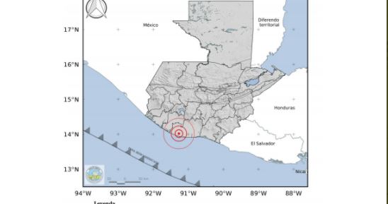 Mapa muestra epicentro del temblor de 4.6 este 13 de abril. (Foto Prensa Libre: Conred) 
