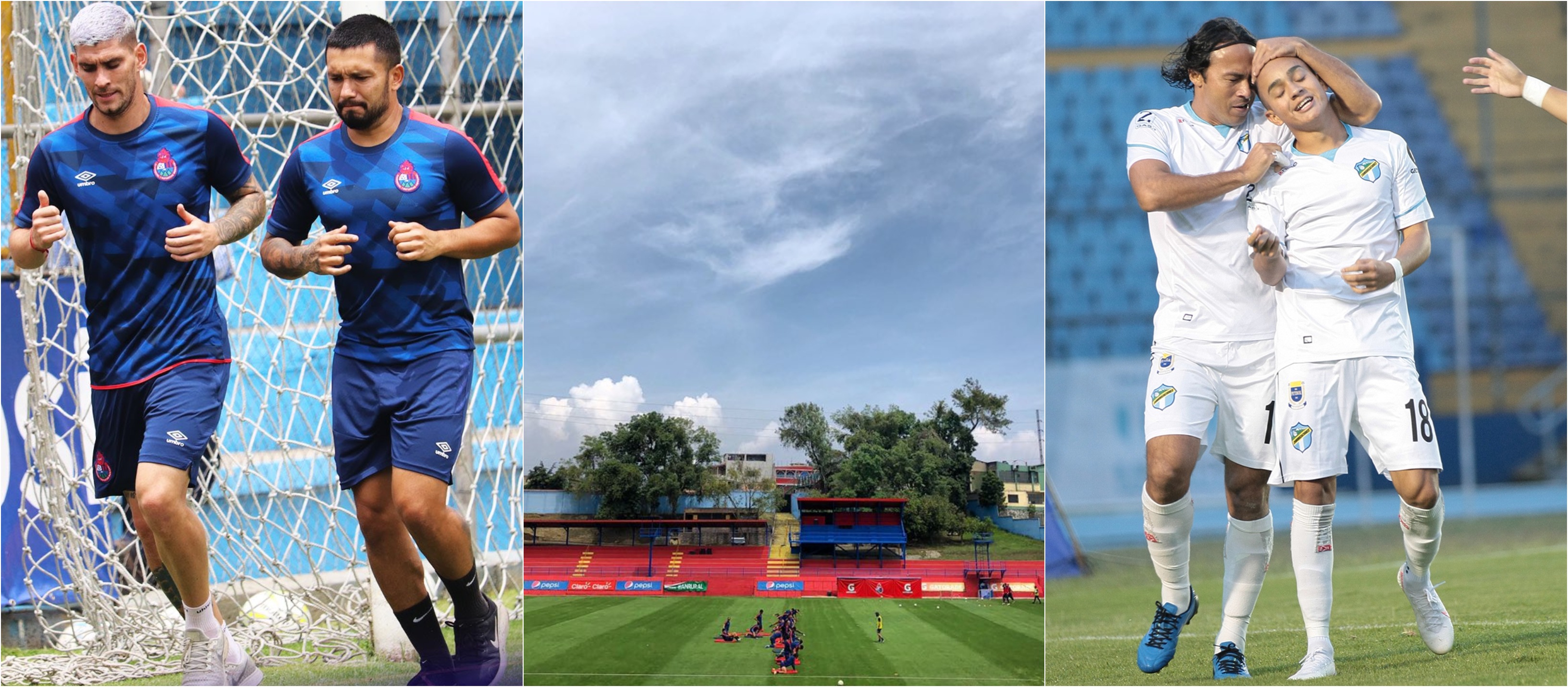 El Clásico 314 lo jugarán en el estadio El Trébol a las 15 horas. Fotos Prensa Libre: @Rojos_Municipal y @CremasOficial
