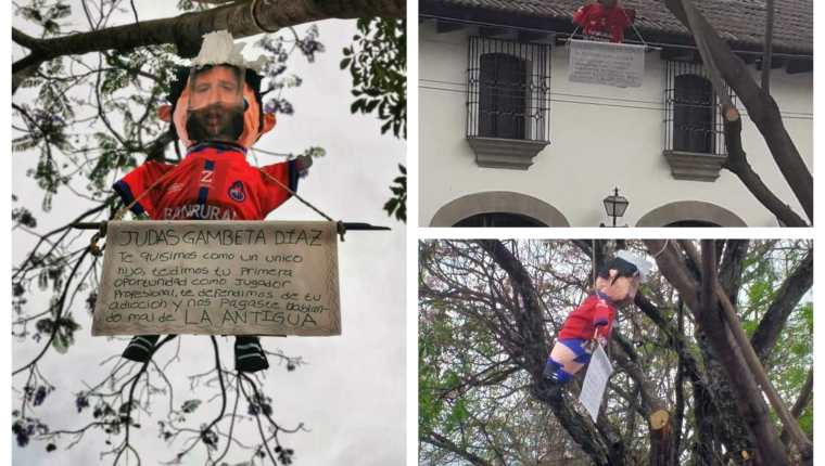 Afición de Antigua GFC cuelga una piñata con el nombre de Judas Gambeta Díaz. (Fotos redes).
