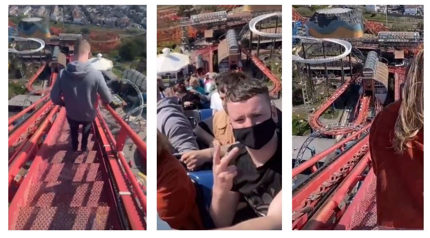 Fallo técnico de montaña rusa atemoriza a turistas que quedan atrapadas en las alturas. (Foto Prensa Libre: https://www.tiktok.com/@geo_connor)