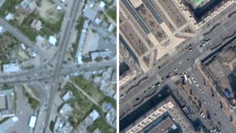 Imagen de Gaza obtenida con Google Earth en la izquierda y una imagen de Pyongyang, Corea del Norte, en la derecha.