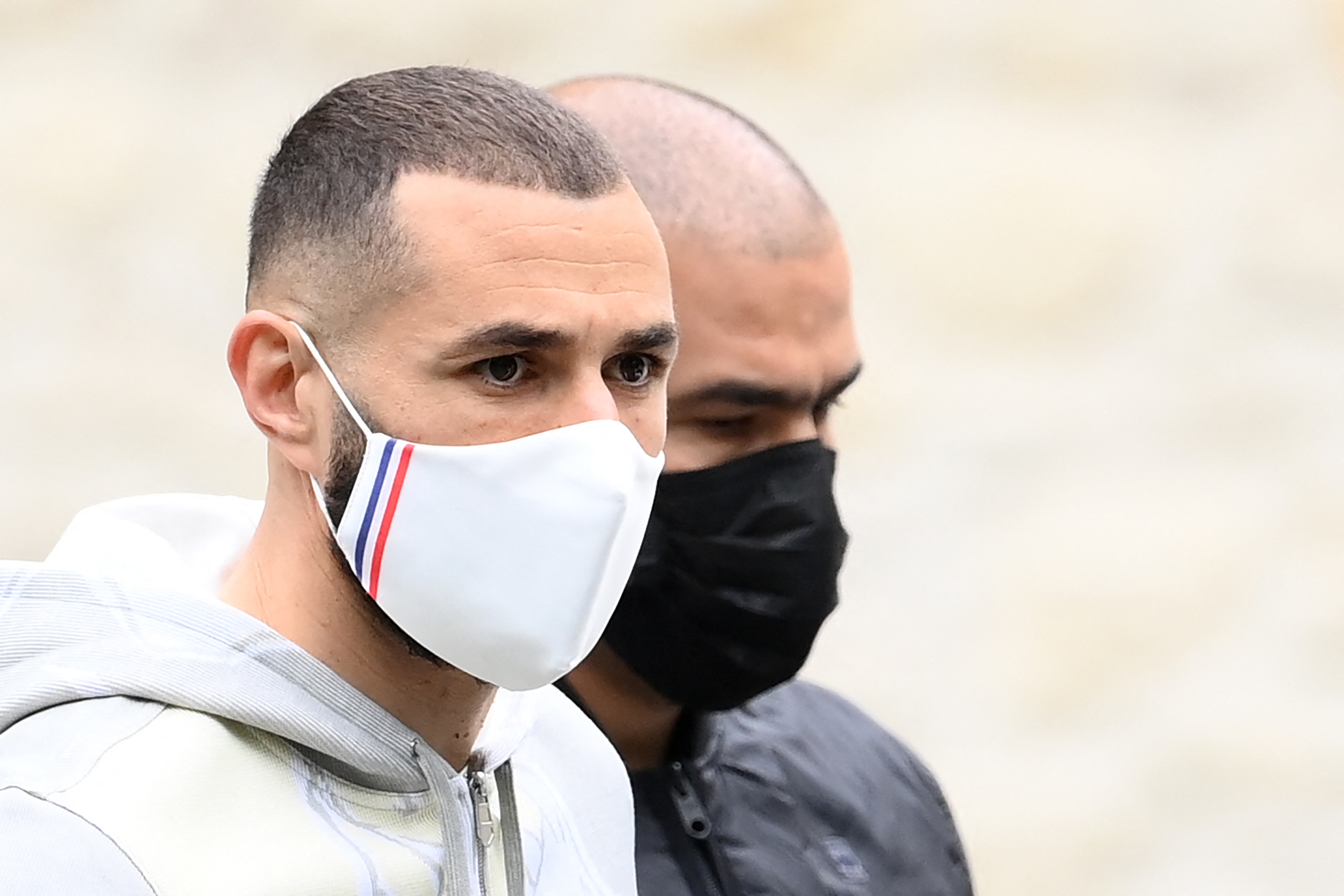 French forward Karim Benzema arrives at the French national football team training base in Clairefontaine en Yvelines on May 26, 2021, as part of the team's preparation for the upcoming Euro-2020. (Photo by FRANCK FIFE / AFP)