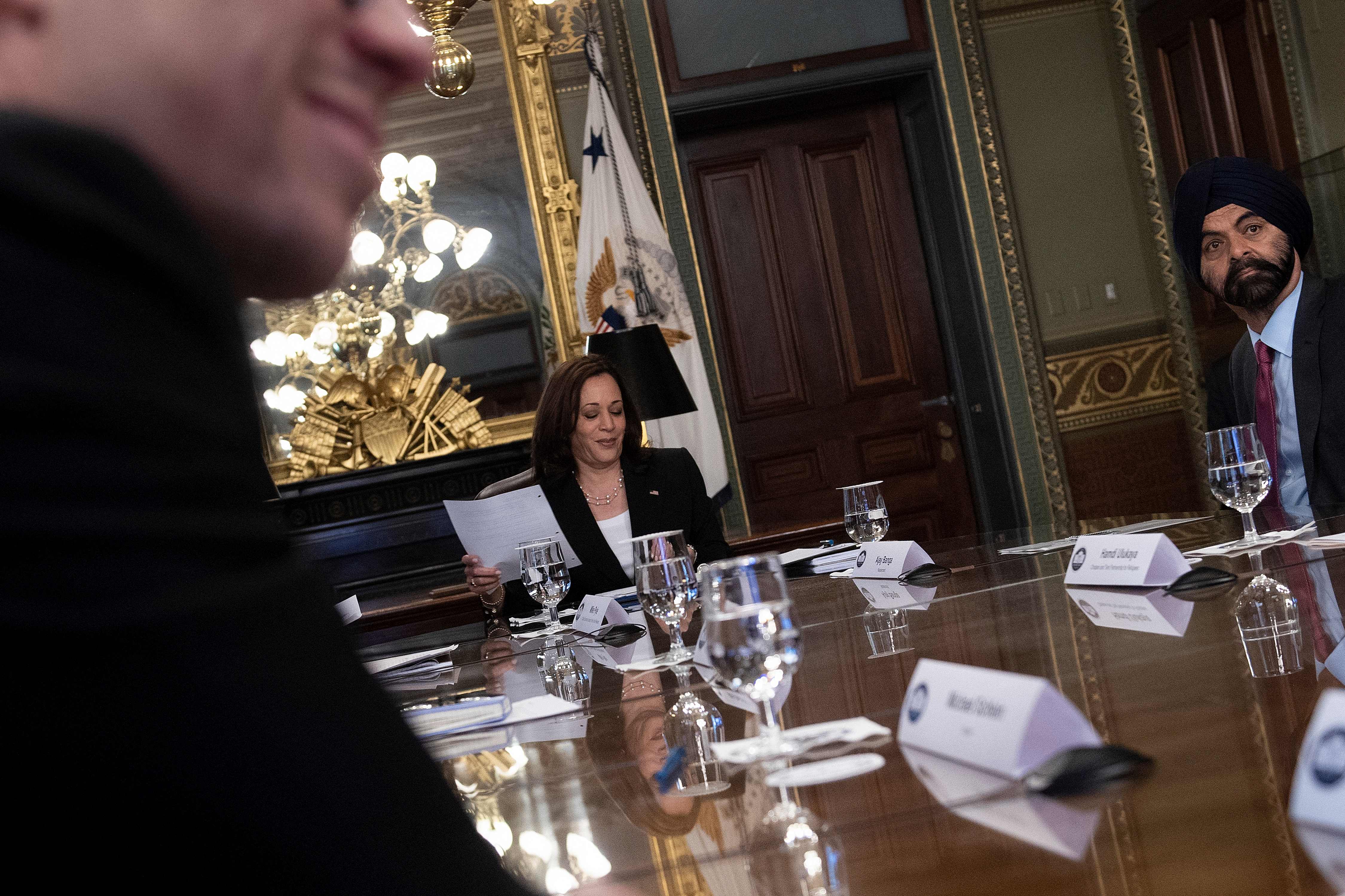Duolingo CEO Luis von Ahn, US Vice President Kamala Harris, and Mastercard Chairman Ajay Banga wait for a meeting with business leaders about the northern triangle on the White House campus May 27, 2021, in Washington, DC. (Photo by Brendan Smialowski / AFP)
