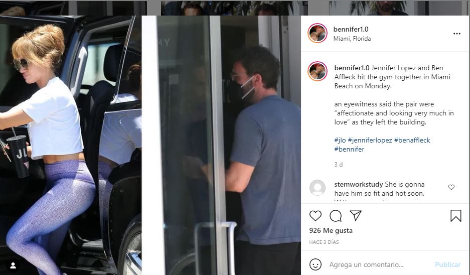 Ben Affleck y Jennifer López fueron vistos juntos en un gimnasio de Miami. (Foto Prensa Libre: Tomada de Instagram bennifer1.0)  