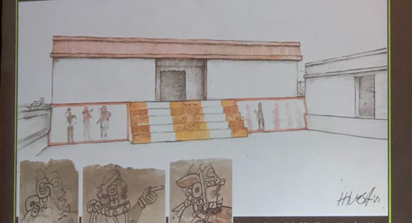 Los tres personajes del mural de juego de pelota maya están relacionados con la oscuridad y el renacimiento. (Foto Prensa Libre: Ministerio de Cultura)